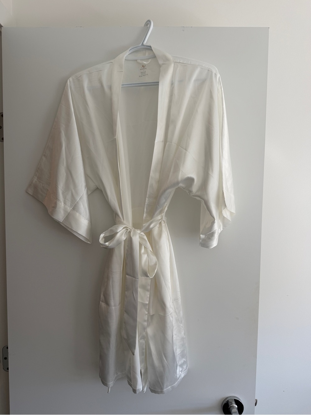 Ivory Satin Kimono Robe with Tie Belt